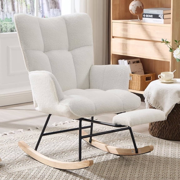 Upholstered Glider Rocking Chair with Adjustable Footrest and Side Pocket, High-Back Recliner for Nursery, Bedroom, or Living Room (White)