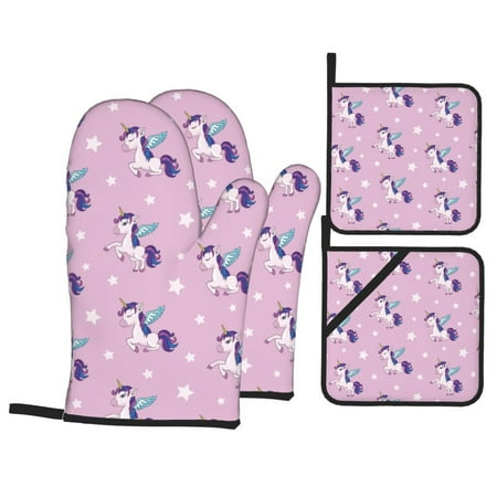 

Oven Mitts and Pot Holders 4 pcs Set Purple cute pony Heat Resistant Pot Holders Oven Mitts for kitchen Non-Slip Hanging Loop Oven Glove Potholders for Cooking Baking