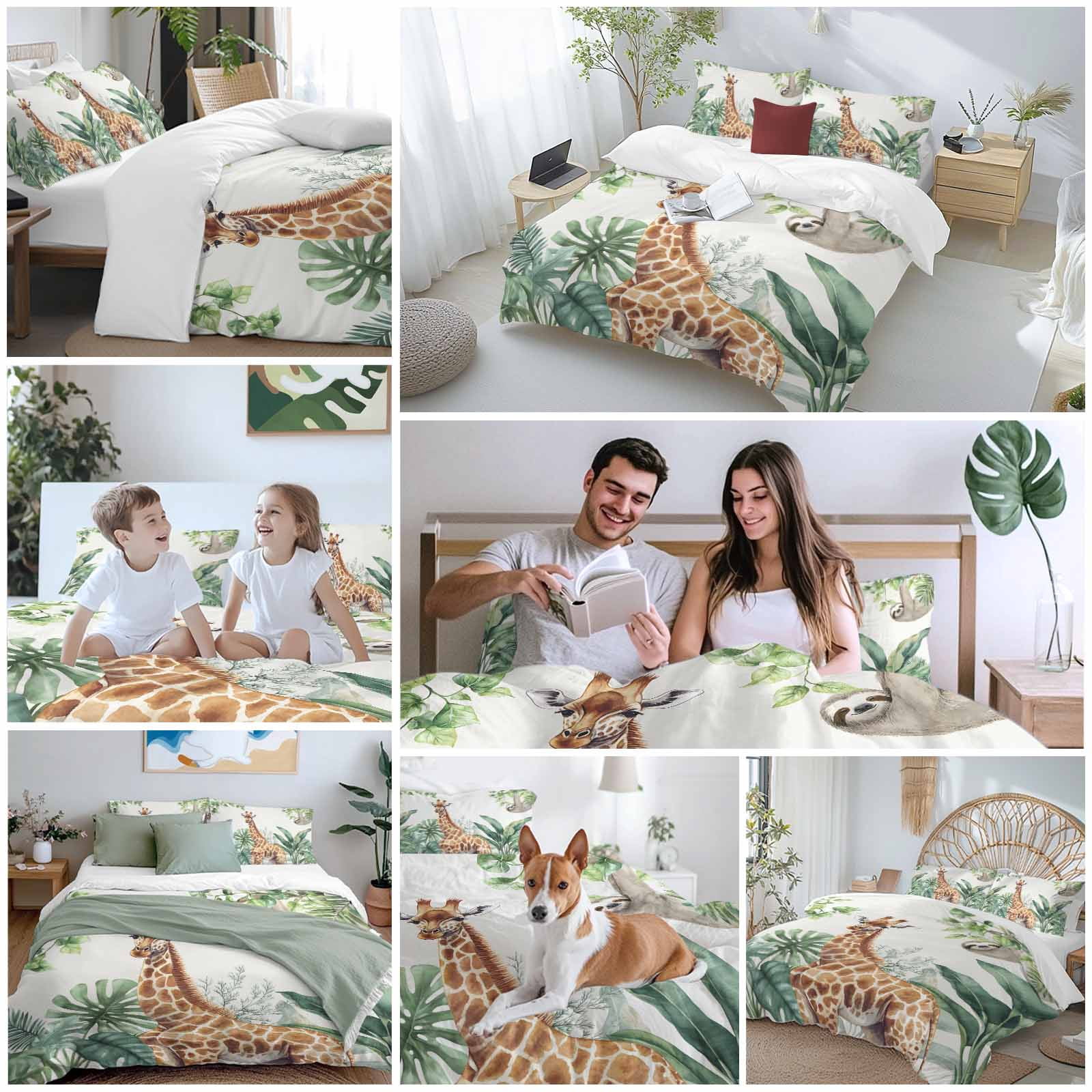 Tropical Giraffe Sloth Bedding 3 Piece Duvet Cover Set Queen Size, Watercolor Summer Palm Leaf Soft Microfiber Comforter Cover with Zipper Closure & Pillowcases, Wrinkle & FadeResistant Quilt Cover