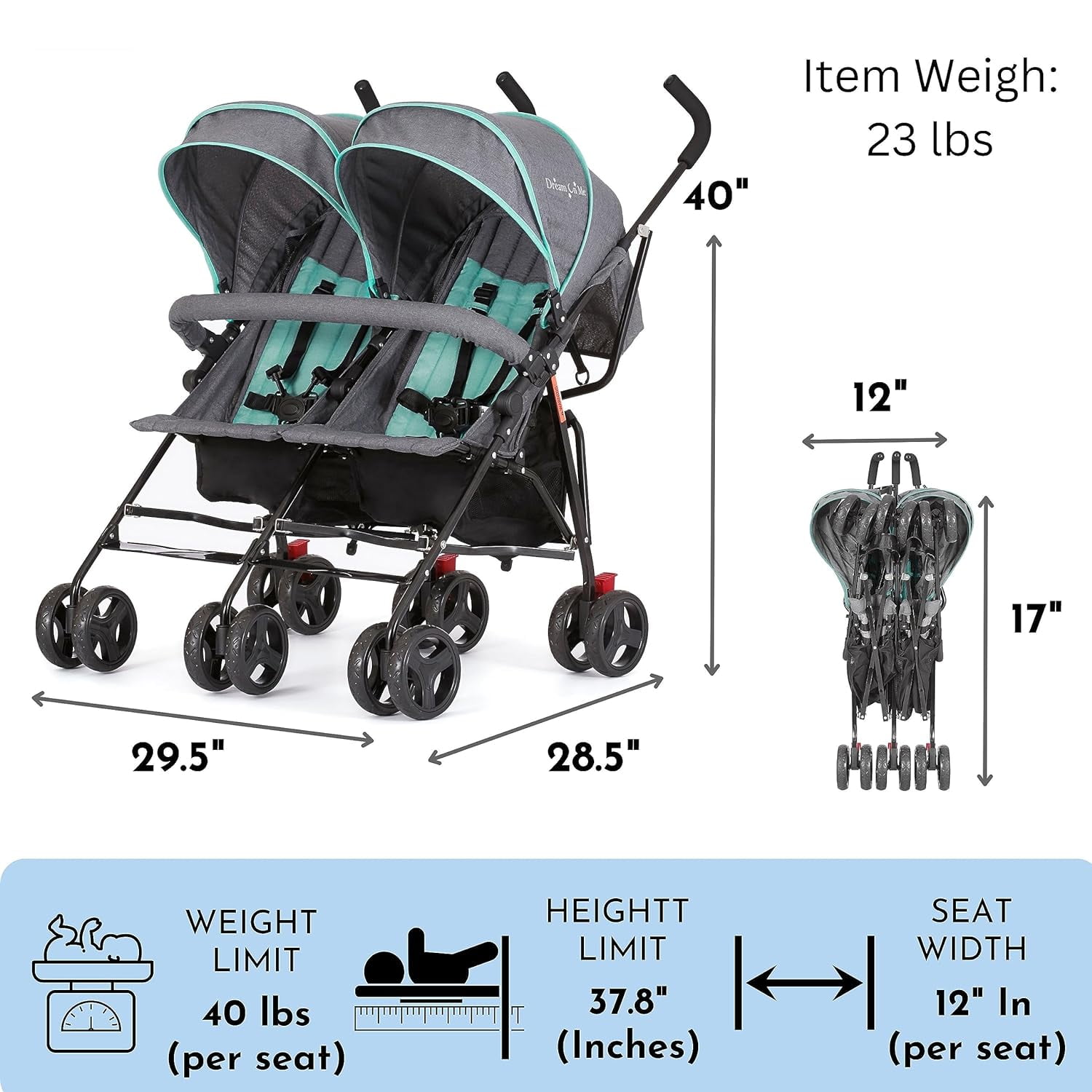 Dream On Me Vo o Twin Umbrella Stroller in Gray Lightweight