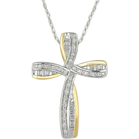 1/4 Carat T.W. Diamond 10kt White and Yellow Gold Bow Cross Pendant