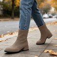 thumbnail image 2 of hopeusnice Round Toe Stretch Chunky Heel Ankle Boots Women Suede Fashion Boots for Street Style Khaki 40, 2 of 8