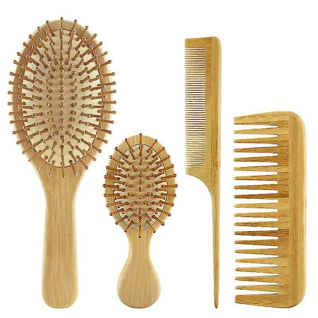 Juego de 4 cepillos y peines de bambú para el cabello con paleta Cepillo para el cabello desenredante Peine de dientes anchos y cola natural Sin cerdas, apto para mujeres Hombres y niños Gru