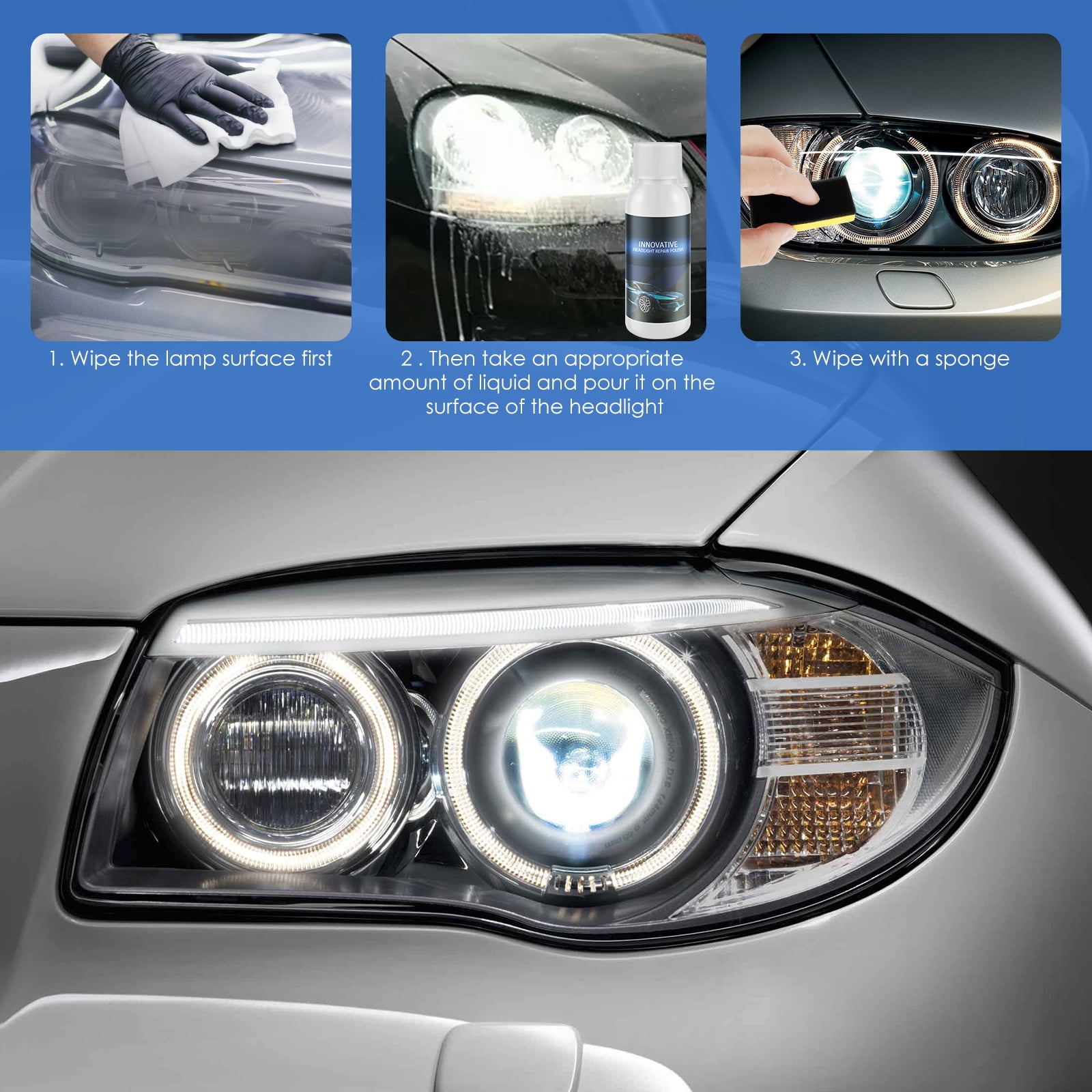 Welpettie Innovative Headlight Repair Polish, Car Headlight Repair Fluid, Car Headlight Cleaner (30 mL,2 Pcs), Size: 7291.3, Clear