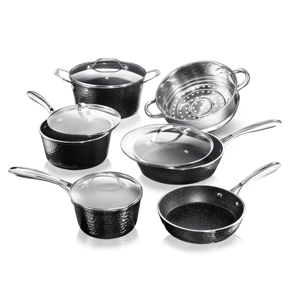 Granitestone Hammered Diamond Infused 10 Pc Pots and Pans Set Non Stick, Reinforced Aluminum Ultra Durable cookware Set w/ Stay Cool Handles, Frying Pans, Skillets, Oven & Dishwasher Safe, Black