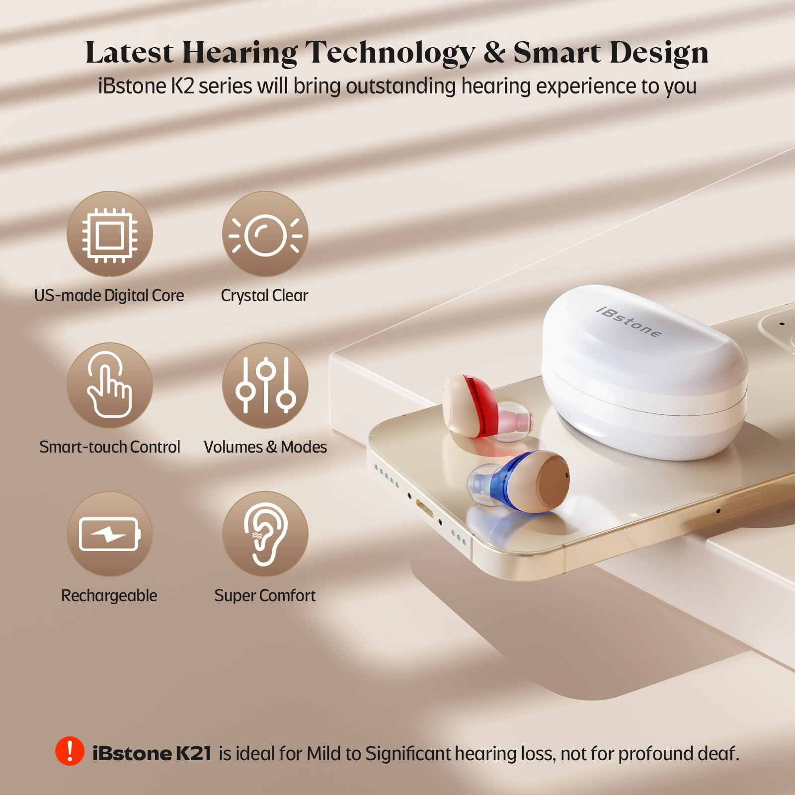 iBstone K21 Rechargeable hearing aids for Seniors Adults, 4 Programs for Experience, with Charging Case, Blue & Red, Pair