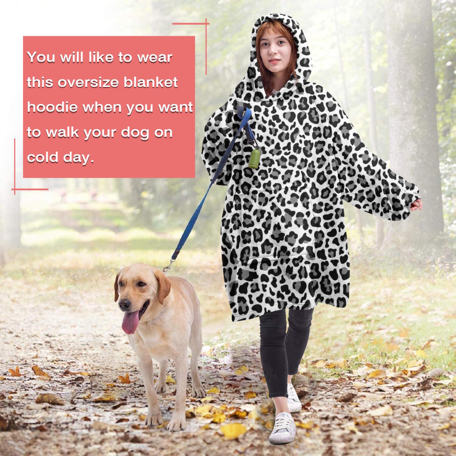 Black Leopard Print Wearable Oversized Blanket,Wearable Blanket Hoodie for Adults,Cozy Hooded Blankets with Super Pockets,Super Warm Fuzzy Pullover for Women & Men