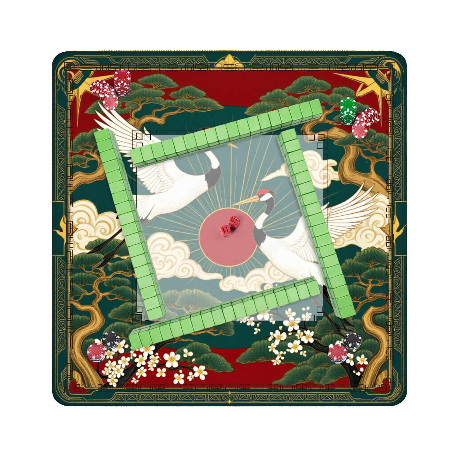 Mahjong Mat 31.5" x 31.5" Elegant Pair Cranes Red Sun Pine Trees Blossoms Traditional Asian Non-Slip Noise Reduction American Mahjong Tiles Table Cover for Dominoes Poker Card Board Games Gift