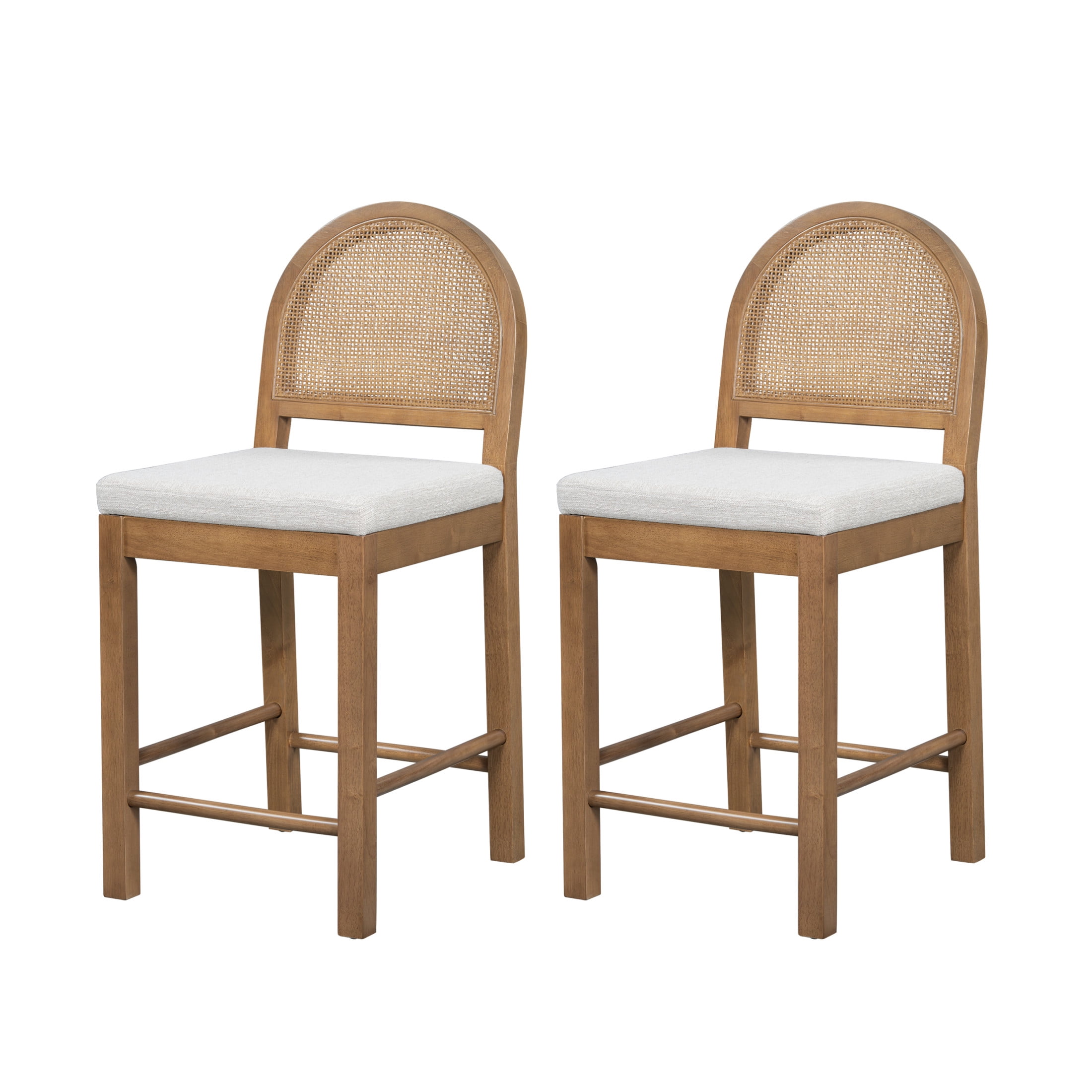 Christopher Knight Home 24.5" Counter Stools, Brown Wood Frame, Rattan Woven Back, Gray Cushion, Set of 2