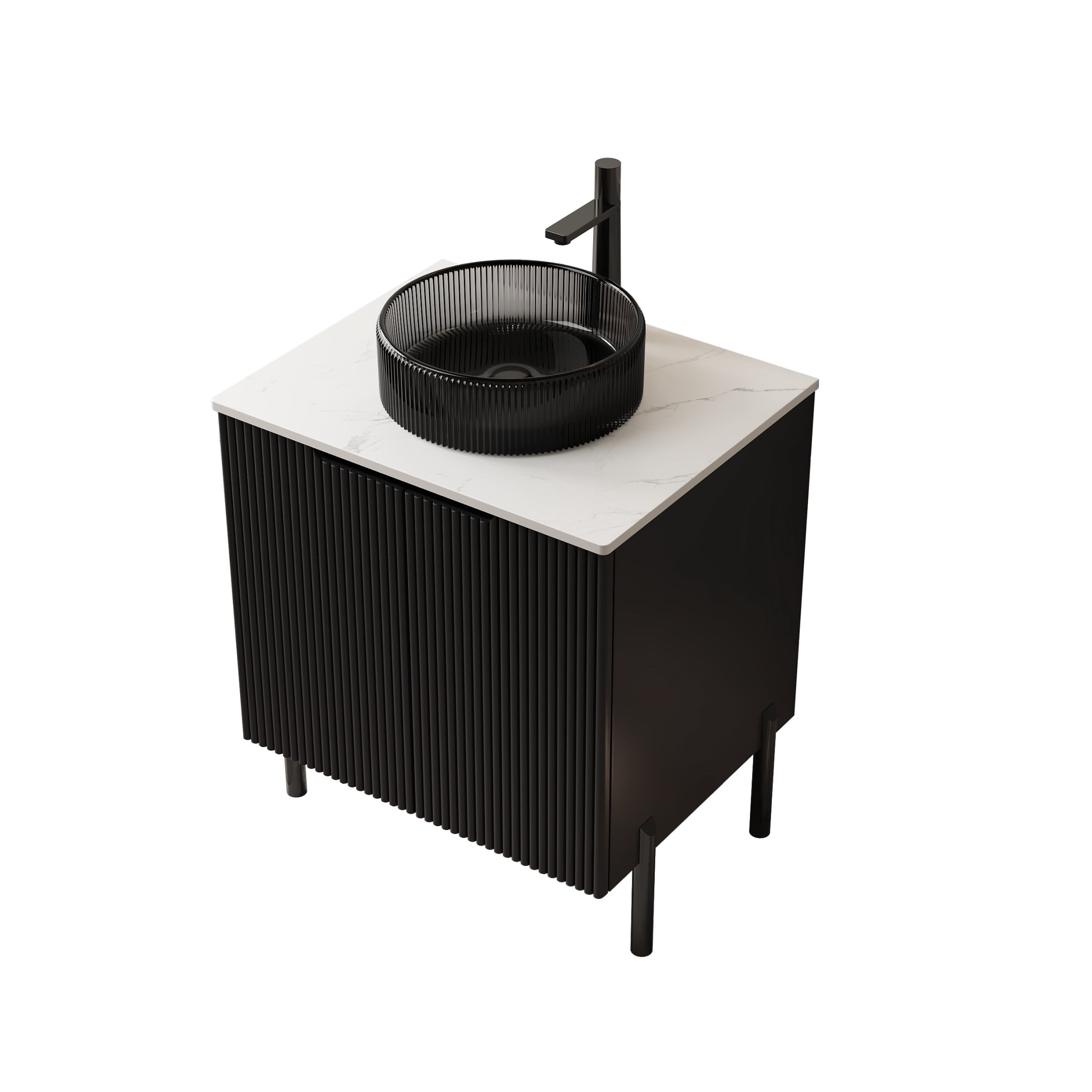 Noble House TURIO 24" Bathroom Vanity with Sintered Stone Countertop, Storage Cabinet, Black Round Basin, Black