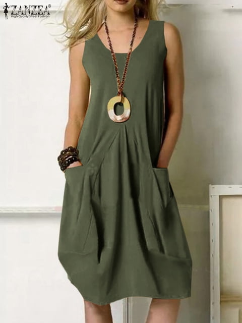 Women Casual Scoop Neck Sleeveless Ruffled Mini Dress Solid Beach Sundress Oversized Loose Summer