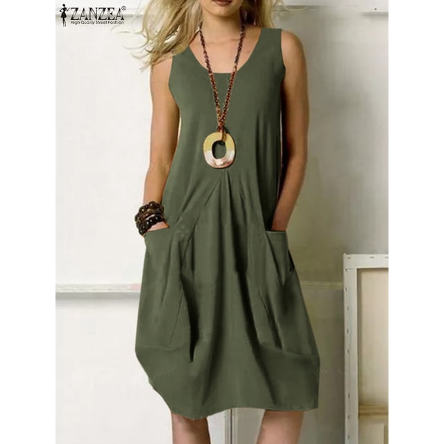 Robe Mini Décontractée Sans Manches à Encolure Dégagée pour Femmes, à Volants, Unie, de Plage, Surdimensionnée, Ample, Été