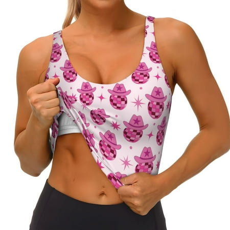 Qokaie Groovy Pink Disco Balls Pattern Womens Scoop Neck Sports Bra Breathable Workout Vest Padded U Back Medium Impact Fitness Gym Yoga Bra Workout Crop Top