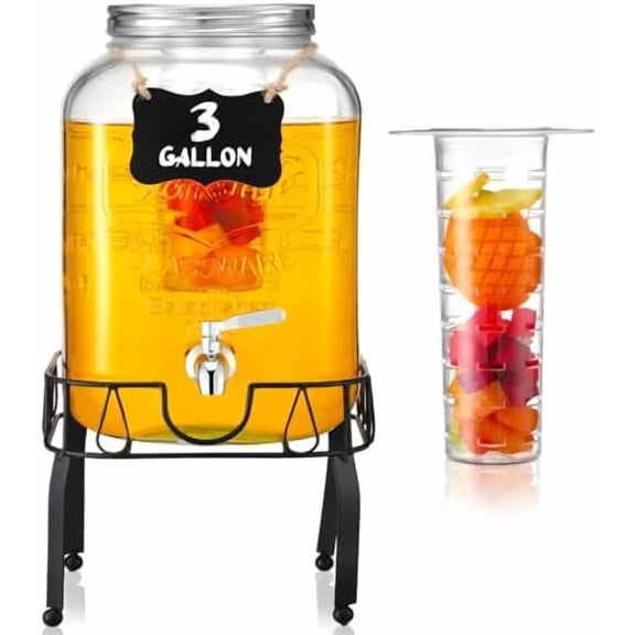 3 Gallon Drink Dispenser with Stand Glass Beverage Dispenser Drink Dispensers with Lid 18/8 Stainless Steel Spigot for Picnics, BBQ, Parties and Daily (Chalkboard Style,Metal Stand)