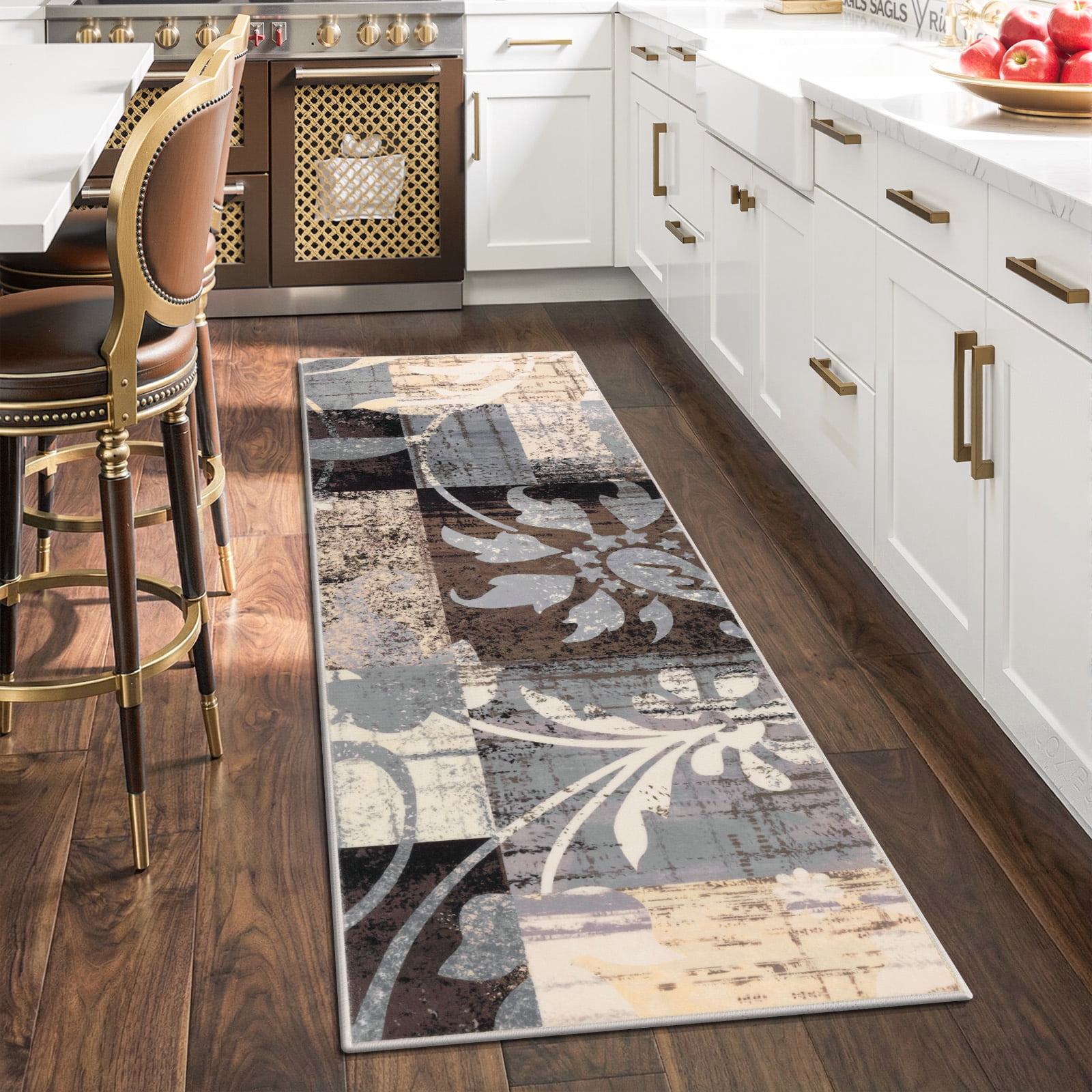 MJIAexp 2'x6' Boho Floral Kitchen Runner Rug Machine Washable Runner Rug Non-Slip Rubberback Hallway Runner Laundry Rug Throw Carpet for Living Room Dining Room Entryway Hallway Kitchen Gray Brown