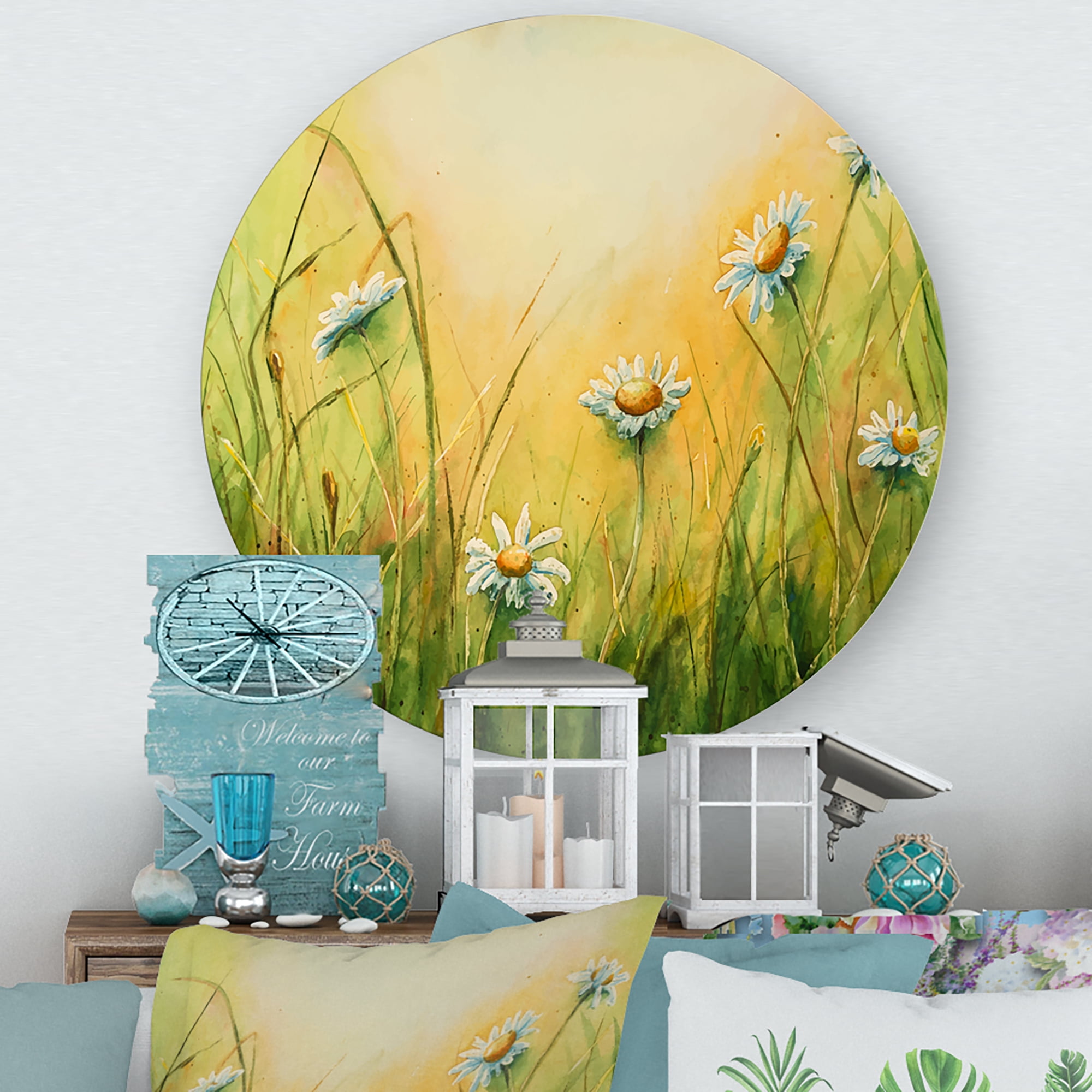 Designart 'Sunset Field With Herbs and Chamomiles' Traditional Circle Metal Wall Art 11x11 - Disc of 11