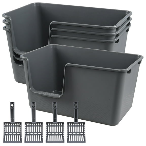 Buyitt 4 Pcs Large Litter Box with High Sides, Anti-Splashing Kitty Litter Pan, Open Top Pet Litter Box Tray Large Space (Grey)