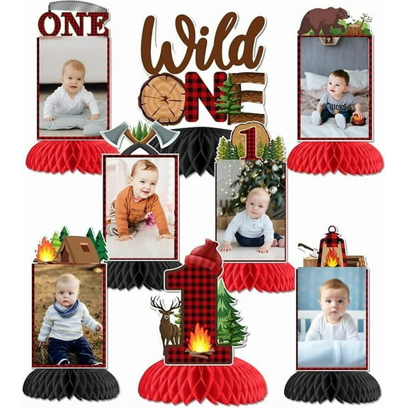 Lumberjack First Birthday Party Decorations, 8pcs Lumberjack Wild One Photo Honeycomb Centerpiece Buffalo Plaid Deer Table Topper for Boy First 1 Year Old Wild One Birthday Decoration