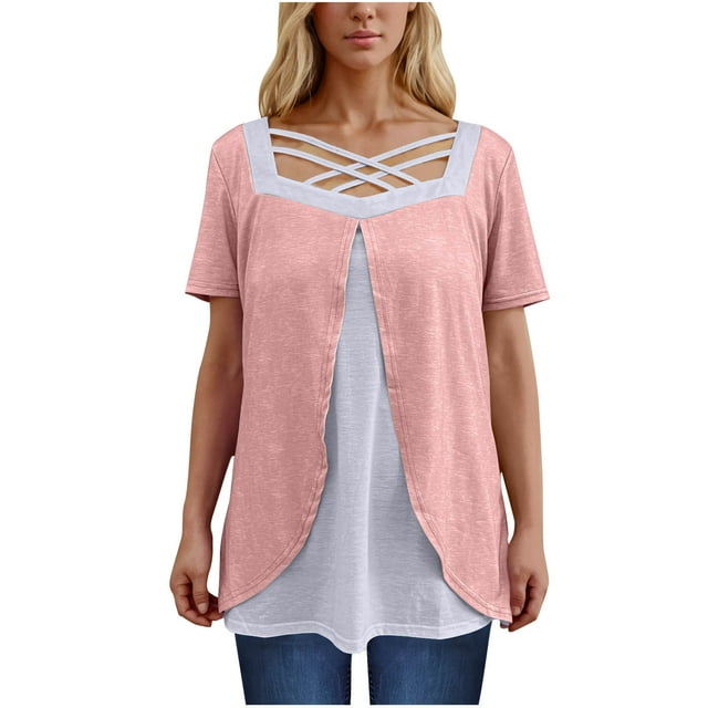 Timegard Hauts d'Été pour Femmes Grande Taille Col Carré en V Croisé Manches Courtes Décontracté Confortable Blouse