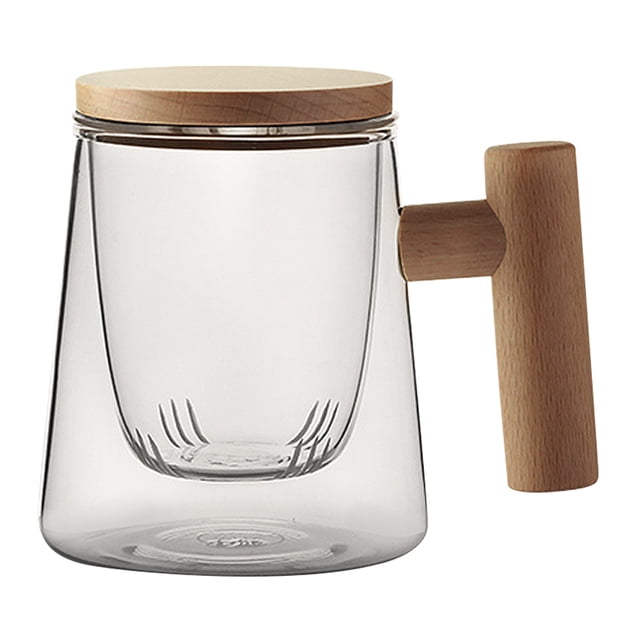 Taza de té de vidrio con infusor y tapa, taza de té con mango de madera, taza de café de vidrio, taza de café de boca ancha y gran capacidad