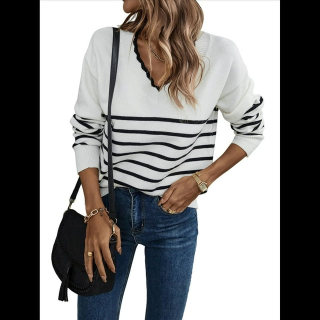 Suéter de Punto para Mujer, Informal, con Cuello en V, Estampado A Rayas, Holgado, de Larga M