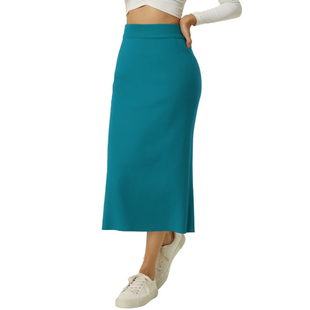 Faldas midi clásicas elásticas de cintura alta con abertura para mujeres Inspire Chic L azul pavo real