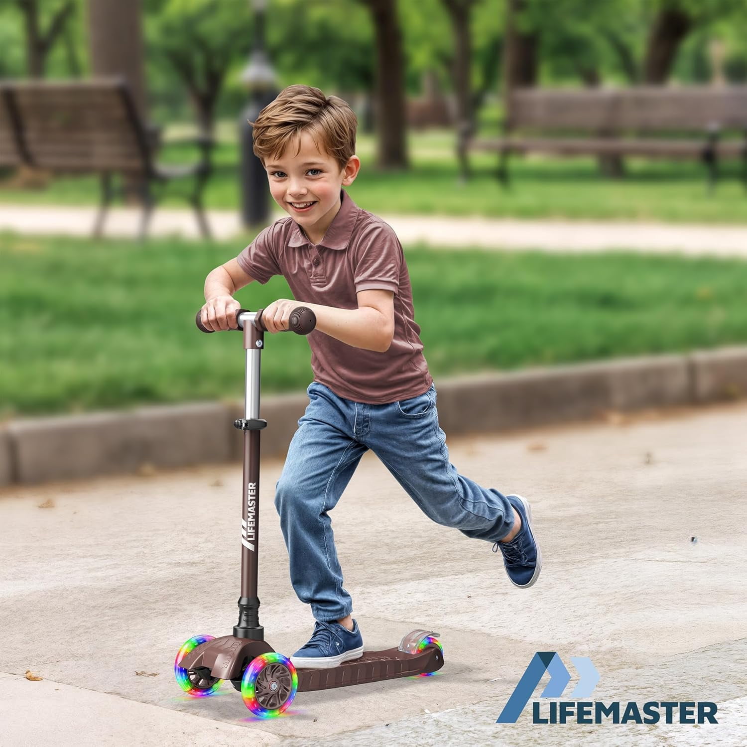 Lifemaster Mini 3-Wheel Kids Scooter with Multi-Color Wheel Lights – 4-Height Adjustable Handlebar, Wide Anti-Slip Deck, Child Safety Certified, Boys & Girls Ages 2+ Supports Up to 110 lbs