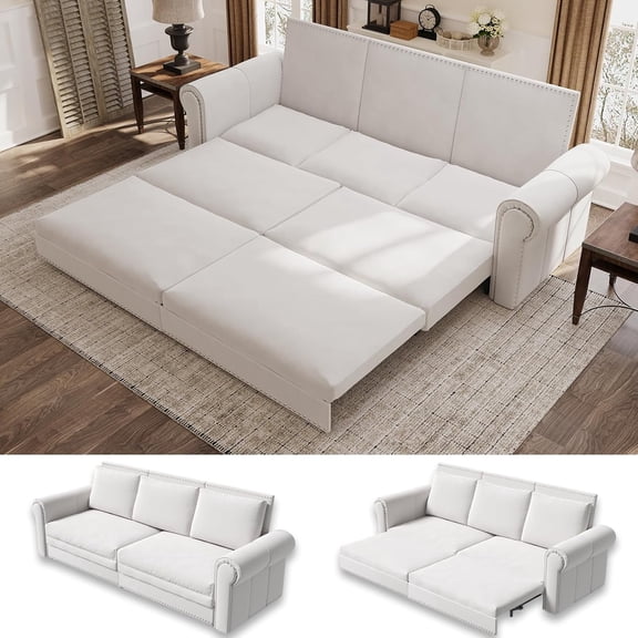 93.7" King Size Sleeper Sofa Bed, Pull Out Sofa Bed, Velvet Upholstery, 3 in 1 Convertible Sleeper Couch, Chaise Lounge, Retro Recliner for Living Room, Office, Apartment, Beige