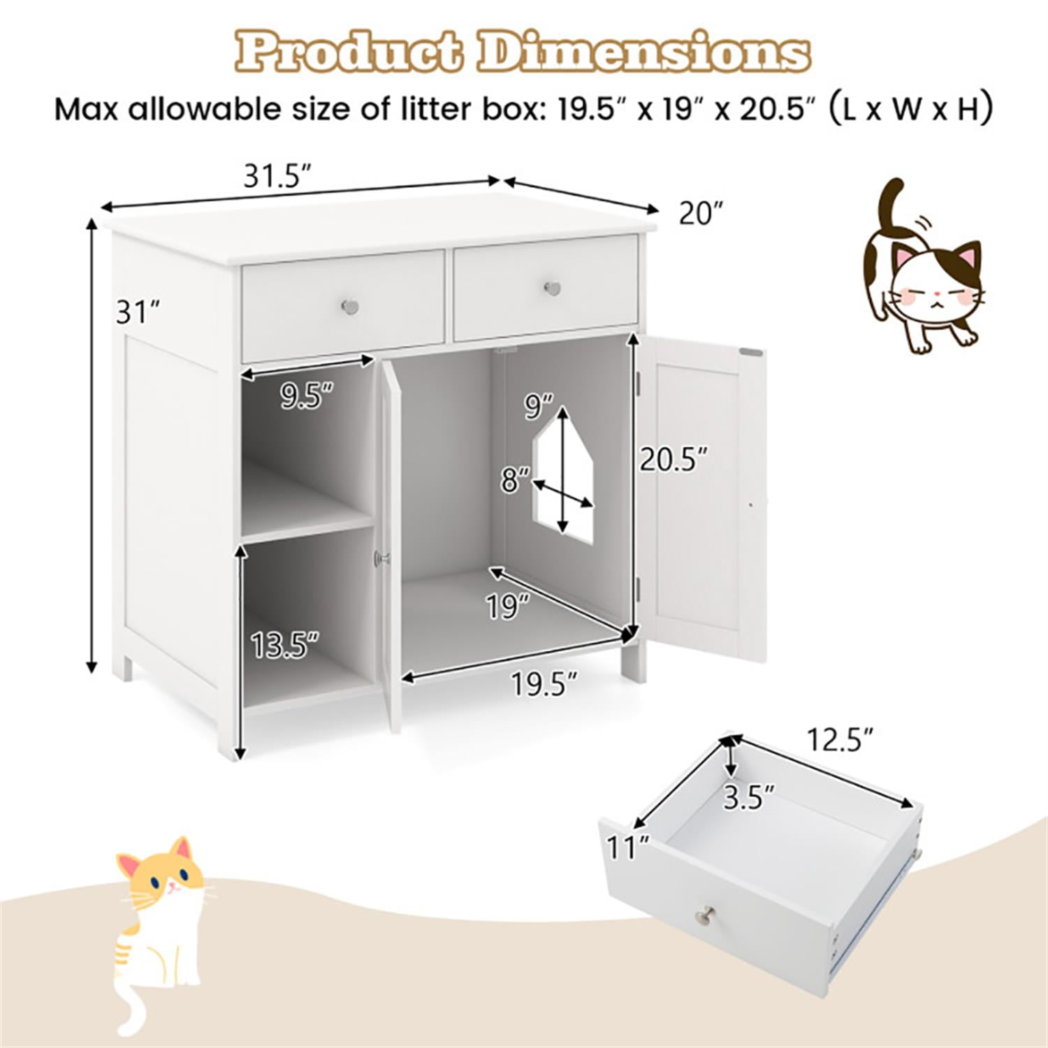 Kadyn 31" Modern Cat Litter Box Enclosure with 2 Drawers, Hidden Litter Box for Cats, Cat House Furniture for Side Table or Nightstand, White