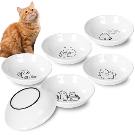 6 PCS Cat Bowls Cat Food Bowl Anti Whisker Fatigue Ceramic Cats Dishes for Indoor Cats Shallow Wide Kitten Plates for Wet & Dry Food and Water Non-Slip Silicone Base (Cute Drawing cat)