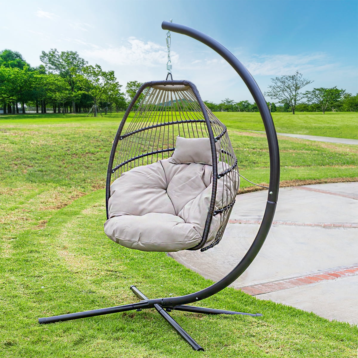 Novogratz Poolside Gossip Collection Sally Patio Hanging Swing Gray Striped Cushion Black Wicker Walmart