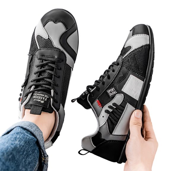 Rokment Retro Color Block Low Top Fashion Sneakers for Men Casual Breathabe Mesh Leather Patchwork Lace up Walking Tennis Flat Skate Shoes Black Size 7.5