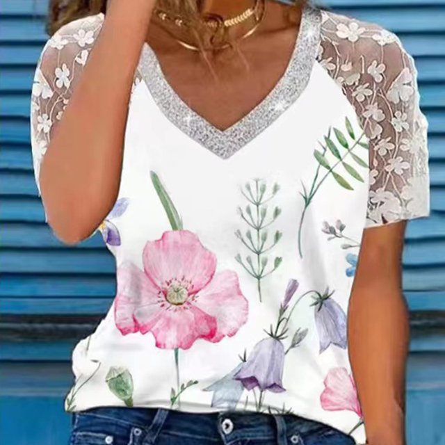 Blusas elegantes para mujer, pantalones cortos con cuello en V y encaje de lentejuelas, camiseta de manga, ropa informal para mujer FLhrweasw Nuevo