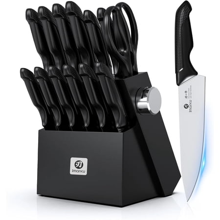 14 Piece Kitchen Knife Set with Block Built-in Sharpener Stainless Steel Non Slip Ergonomic Handles Dishwasher Safe Black