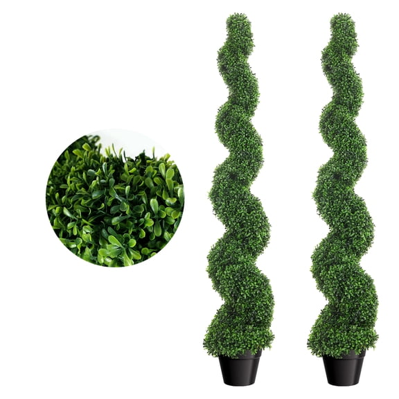 Artificial Boxwood Spiral Topiary Trees, Set of 2, 5 Ft Decorative Fake Greenery Trees, Faux Twisted Plants with PE Leaves, All-Year Green in Cement-Filled Plastic Pot for Patio, Office, Yard, Indoor