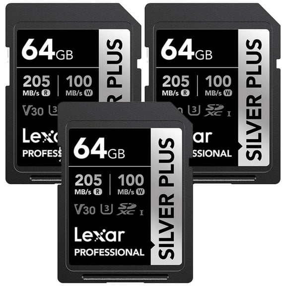 Lexar LSDSIPL064G-BNNNU Professional SILVER PLUS SDXC UHS-I Card V30 160MB/s Read Speed 64GB 3 Pack