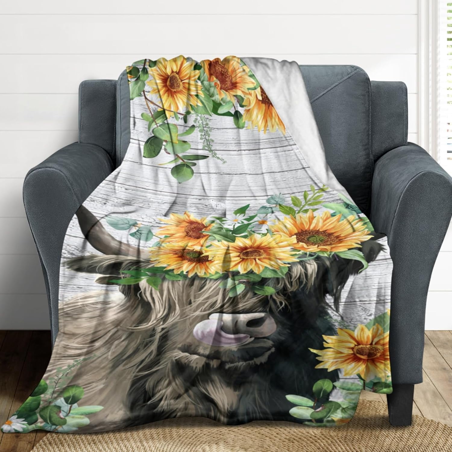 Highland Cow Sunflower Cow Blanket Baby Blanket High Definition Flowers Flannel Throw Blankets Super Warm Travel Blankets for Kids Baby 40x50inch