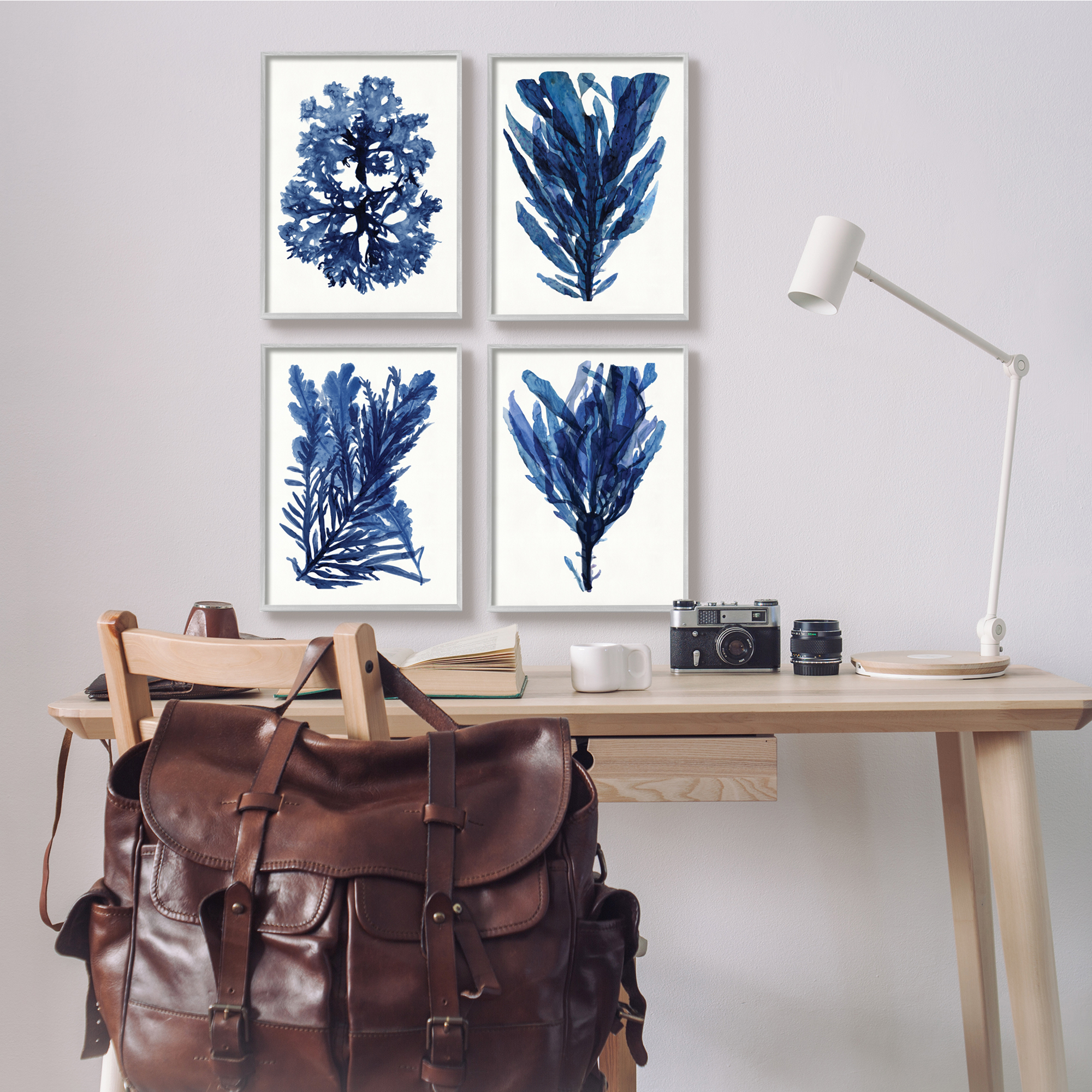 Stupell Industries Indigo Blue Ocean Plants Coastal Sea Kelp Nature Painting Gray Framed Art Print Wall Art, 11 x 14, Set of 4