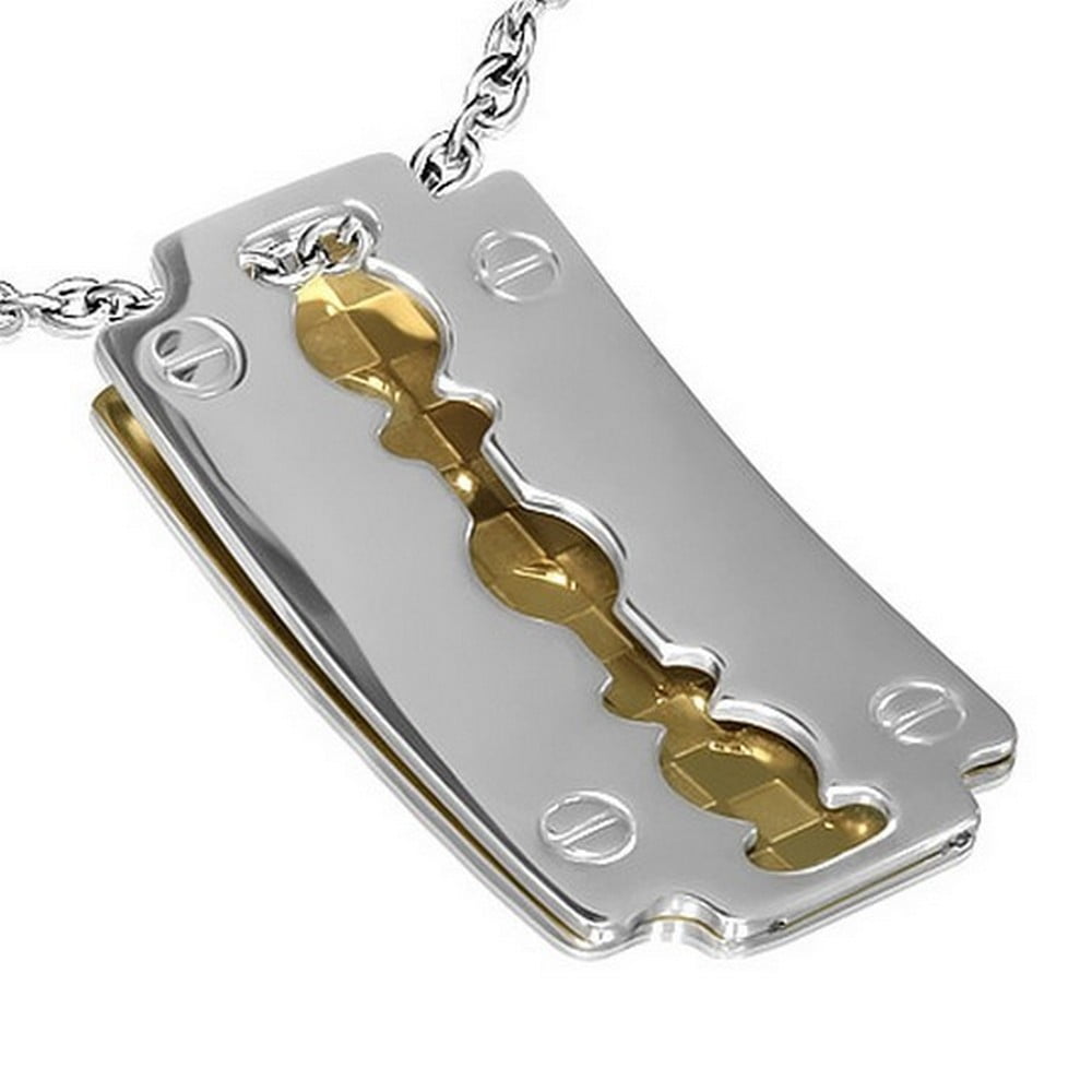 Stainless Steel TwoTone Razor Blade Pendant Necklace with Chain