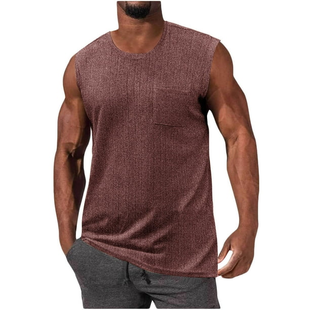 pstuiky Camisetas sin mangas para hombre, Blusa deportiva sin mangas con cuello redondo y estampado liso informal para hombre Chaleco de hombre s