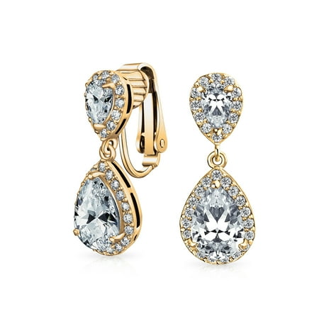 - Teardrop CZ Halo Prom Dangle Drop Statement Clip On Earrings Cubic Zirconia Silver 14K Gold Plated Brass More Colors