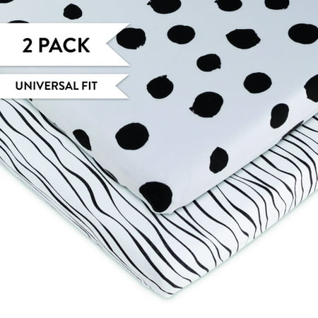 UPC: 0851490007372 | Changing Pad Cover Set | Cradle Sheet Set 100% Cotton Jersey Knit 2 Pack Black Abstract Stripes and Dots