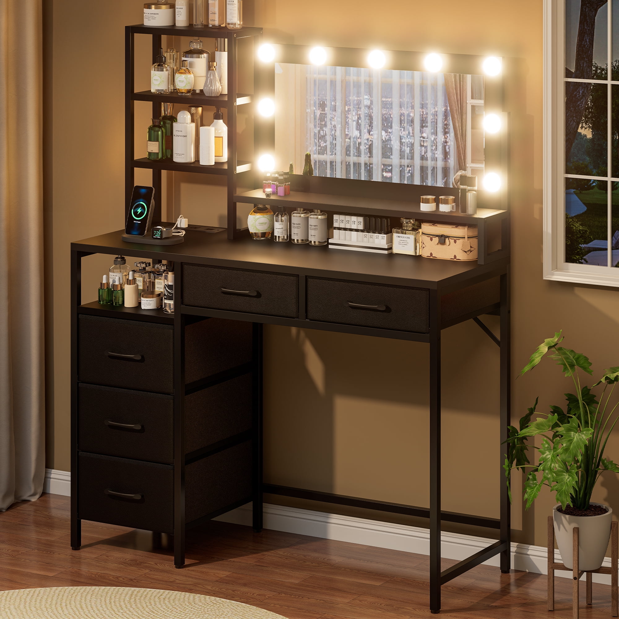 Vanity Desk with Mirror, 9 Lights, 3 Color Modes with Adjustable Brightness, 5 Spacious Fabric Drawers & Storage Shelves, Makeup Vanity with Power Outlets, Modern Vanity Table for Bedroom, Black