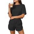 thumbnail image 3 of Women Pajama Set Solid Hollow Breathable Split Hem Short Sleeve Top with Casual Shorts Outfit, 3 of 5