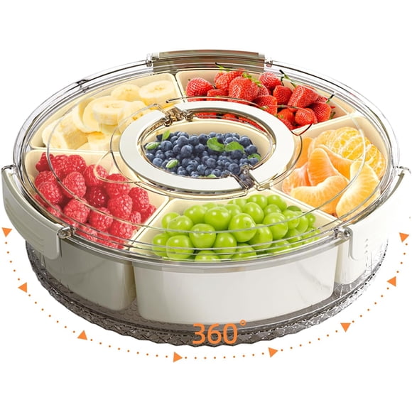 Bandeja de Servicio Dividida con Tapa y Asa Giratoria para Frutas y Dulces Organizador Apilable Portátil para Viajes y Picnics