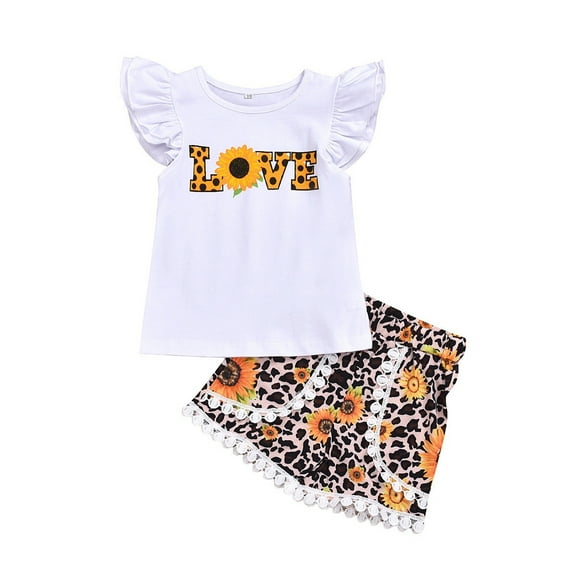 Little Girl Outfits Girls Clothes Ruffled Sleeve Letter Tops Sunflower Leopard Print Shorts Sets Pants Sets Two Piece for Kids Size 2-3T