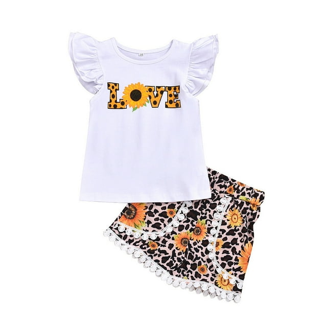 Icvfdpl Toddler Girl Outfit Set Infant Ruffled Sleeve Letter Tops Sunflower Leopard Print Shorts Pants 2Pcs Set Comfortable 2-3 Years