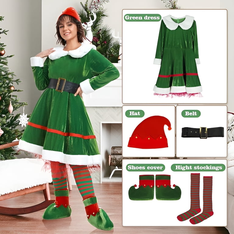 plus size christmas elf dress Elf Costume for Women 5pcs Christmas Outfit Adult Santa Dress Plus Size with Hat Belt Shoes Cover Socks Xmas -XXL