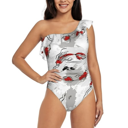 Uemuo Koi Fish Print Women s One Piece Swimsuit Asymmetrical Neck Bathing Suit One Shoulder Side Cutout Ruffle Swimwear-XX-Large