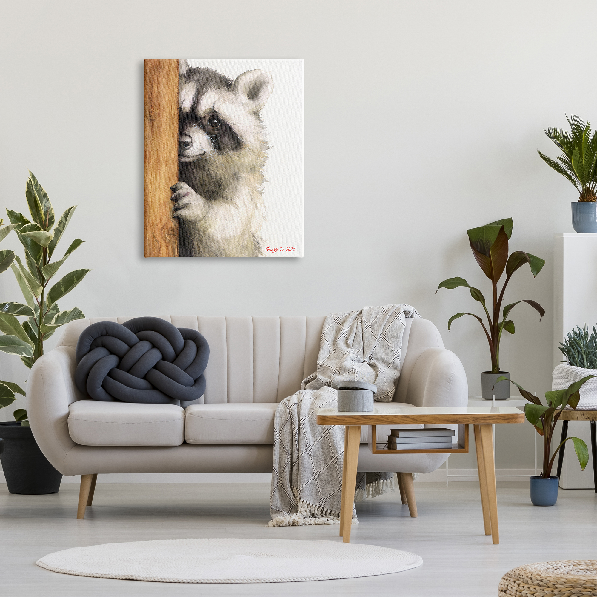 Stupell Industries Peering Raccoon Cute Smile Watercolor Animal Painting Painting Gallery Wrapped Canvas Print Wall Art, Design by George Dyachenko